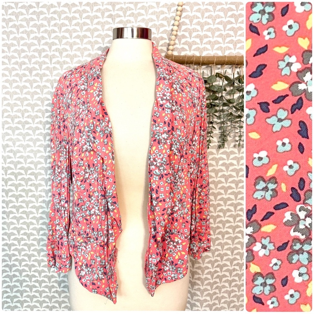 Torrid Floral Open Front Blazer Pink Coral Flowers 3/4 Slv Plus Size 1 1X 14 16